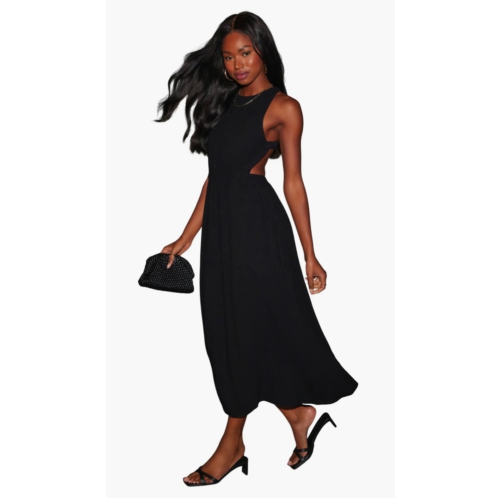 VICI Black High Neck Open Crisscross Back Elastic Waist Midi Dress Small NWT